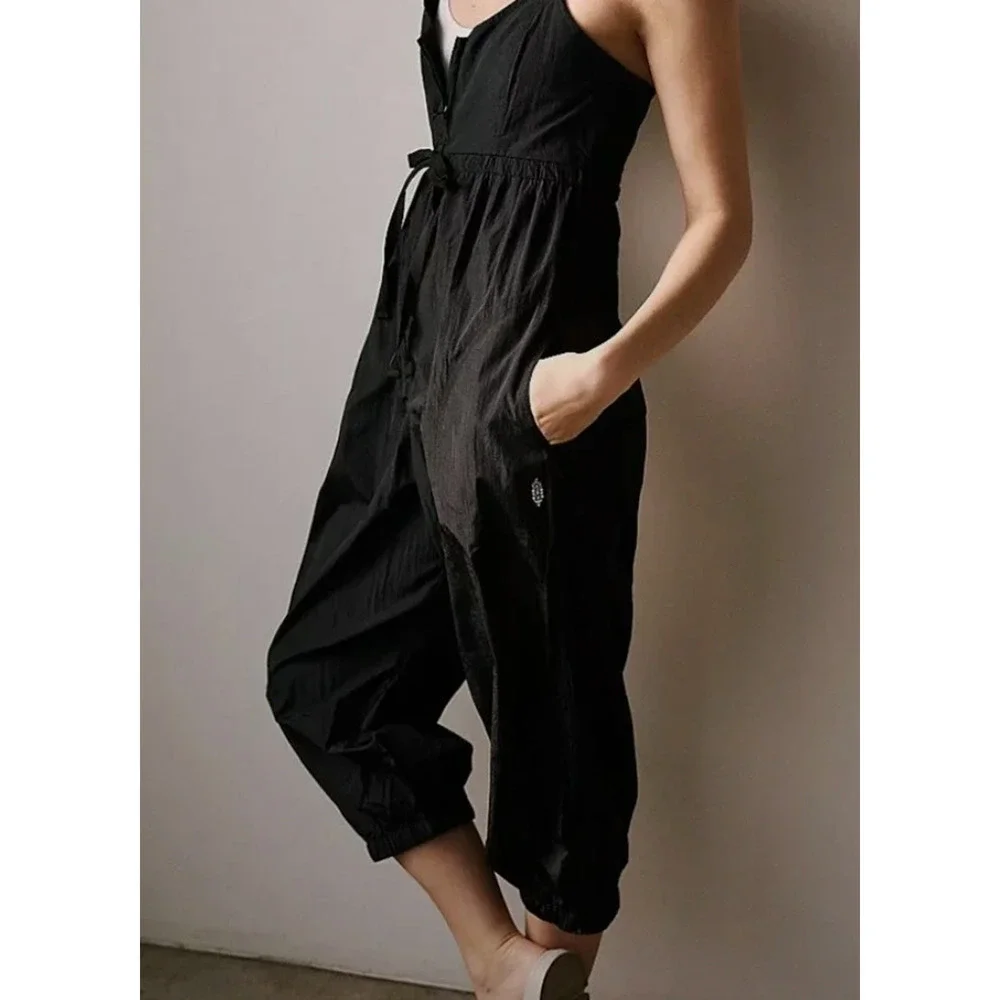 NEW FREE PEOPLE FP MOVEMENT BLACK DOWN TO EARTH NYLON ONE PIECE JUMPSUIT SZ S